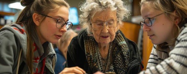 Volunteers helping elders with technology, showcasing intergenerational support and learning, community service, tech help