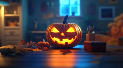Glowing Halloween Pumpkin on a Desk at Home in 3D Illustration. AI generated illustration