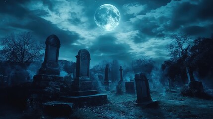Spooky Graveyard at Night with Moon and Cloudy Sky. Halloween Backdrop. AI generated illustration