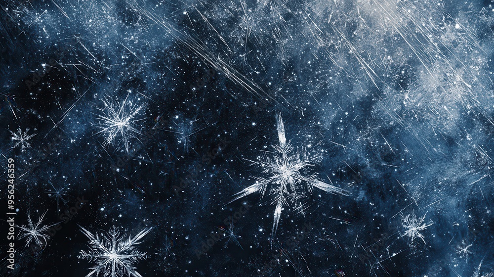 Poster a captivating display of intricate snowflakes and swirling lines against a dark backdrop, embodying 