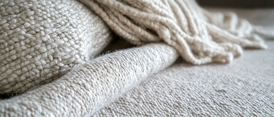 Close-up of a Soft Beige Knitted Blanket and Pillow