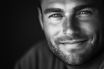 Obraz premium Smiling man close up portrait against dark grey background. Black and white image.