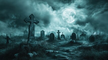 Spooky Graveyard at Night with Moon and Cloudy Sky. Halloween Backdrop. AI generated illustration