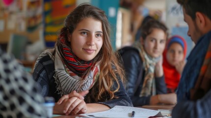 Obraz premium Volunteers teaching refugees local language skills, community engagement, integration and support