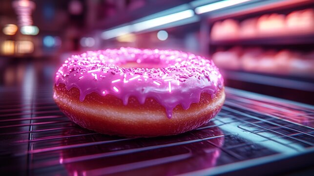 A glowing neon donut with digital sprinkles, set in a futuristic bakery, cyberpunk style, hyper-realistic, high detail, photorealistic