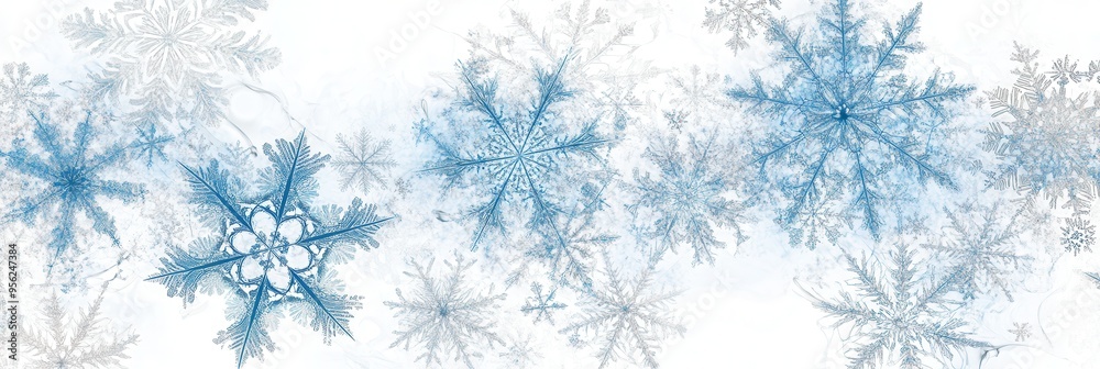 Aufkleber stylized snowflakes in varying sizes and shades gracefully intertwine with soft blue lines, evoking 