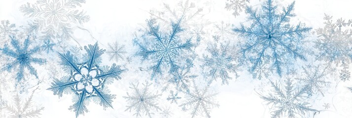 Stylized snowflakes in varying sizes and shades gracefully intertwine with soft blue lines, evoking a tranquil winter atmosphere. Generative AI