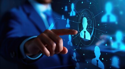 Businessman Interacting with Digital Human Icons in a Virtual Network Interface.