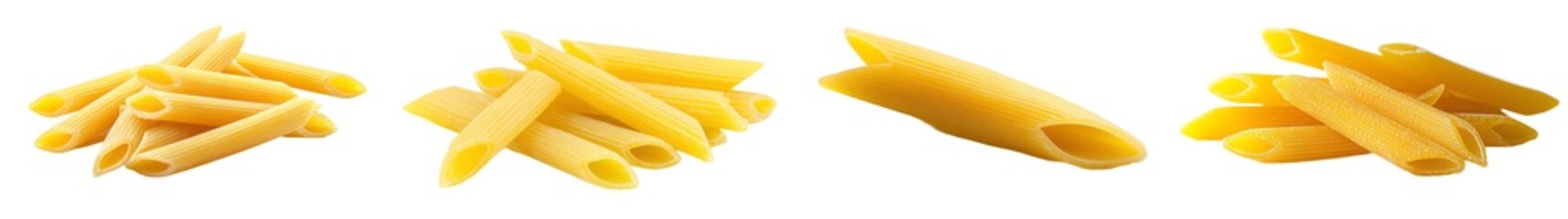 Uncooked Penne Rigate, Italian Pasta, isolated on white background.