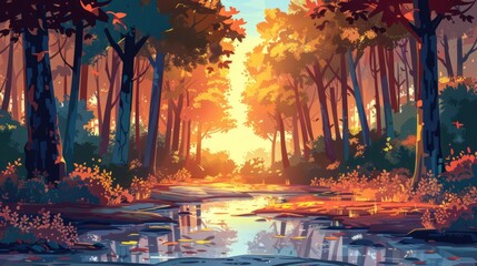 Fototapeta premium On a sunny day in a peaceful forest, sunlight filters through the chestnut trees, casting a warm glow and dappling the light over a tranquil pond.