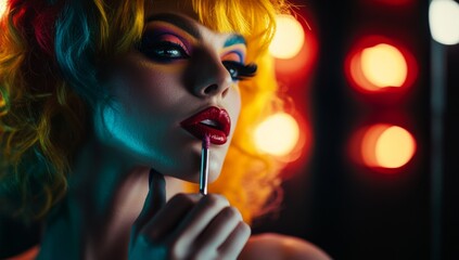 Obraz premium close-up photo of drag queen with vibrant yellow hair applies lipstick in the mirror of her dressing room