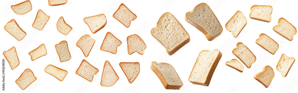 Poster sliced toast on white background falling from a height, full depth of field