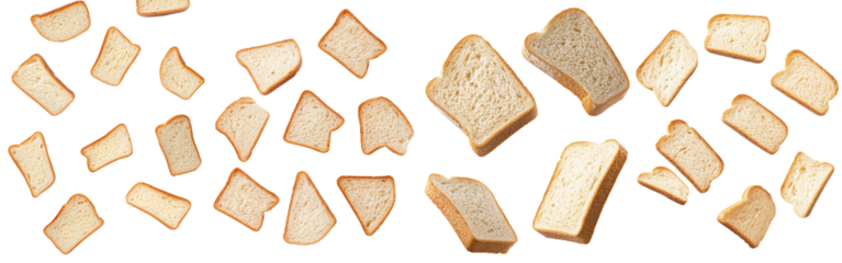 Sliced toast on white background falling from a height, full depth of field