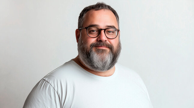 candid photo of a bearded obese man in his mid forties, glasses, big eyebrows, slightly receding hairline, wearing a whtie t-shirt, white background, studio photography
