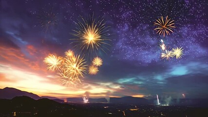 A vibrant fireworks display against a sunset sky over a valley.