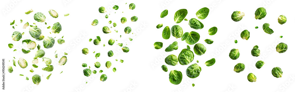 Poster a falling brussel sprout isolated on a white background and in full depth of field