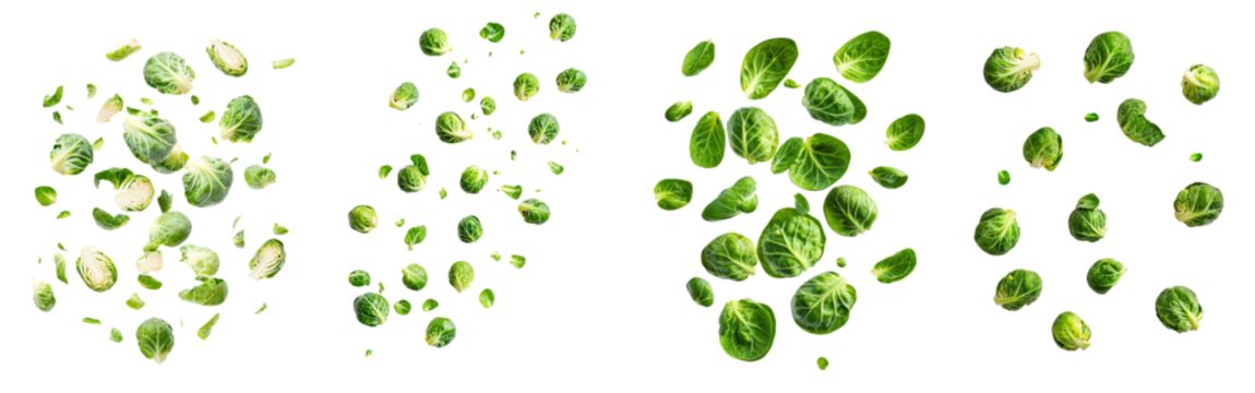 A falling Brussel sprout isolated on a white background and in full depth of field