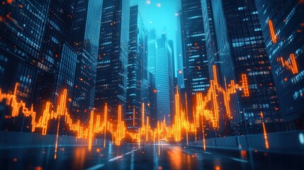 City Skyscrapers with Digital Market Indicators. Abstract cityscape with skyscrapers and glowing orange digital market indicators, illustrating financial growth and urban development.