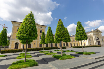 Naklejka premium A large building with a row of trees in front of it
