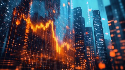 Digital Financial Graphs in Modern Cityscape. High-tech city scene with glowing digital financial graphs overlaying skyscrapers, representing the connection between urban growth and finance.