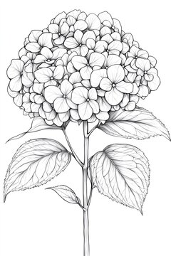 Line drawing of a hydrangea flower with leaves.