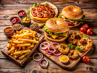 A variety of fast food favorites including burgers, pizza, fries, hot dogs,  fried onion rings