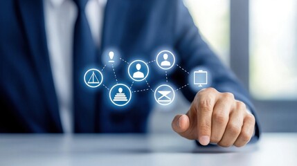 Professional Businessman Interacting with Digital Legal and Skill Icons on Virtual Interface with Conceptual Empty Space for Text.