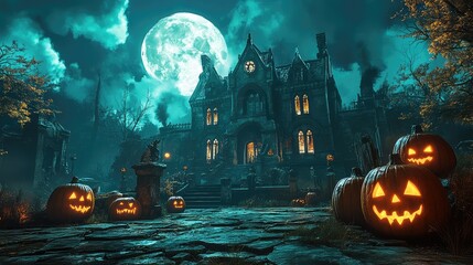 Horror Halloween Scene with Creepy Pumpkins and Spooky Haunted Mansion at Night with Full Moon. AI generated illustration