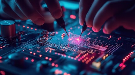 Naklejka premium Close-up of hands testing a circuit board with multimeter probes, showcasing vibrant lights and intricate electronic components.