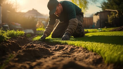 A dedicated landscaper meticulously laying fresh sod in a sunlit garden, enhancing outdoor beauty with vibrant green grass.