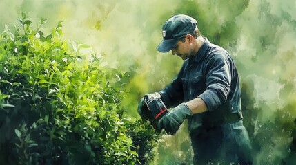 Fototapeta premium A gardener meticulously trimming a bush, showcasing skill and dedication in lush greenery.
