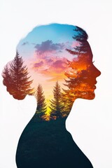 Woman s silhouette overlaid with a serene landscape of trees against a colorful sunset, dreamy double exposure