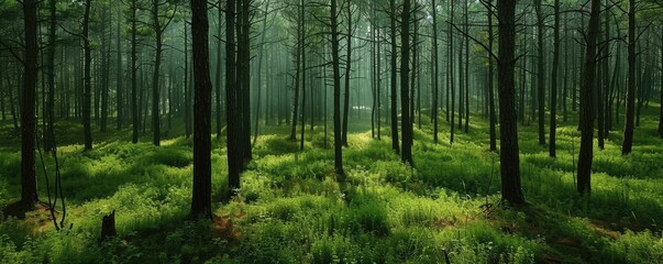 Beautiful forest scene bathed in sunlight with tall trees and lush green underbrush, evoking a sense of peace and wilderness.