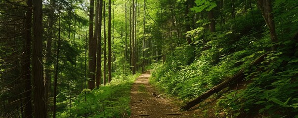 Obraz premium Beautiful forest scene bathed in sunlight with tall trees and lush green underbrush, evoking a sense of peace and wilderness.