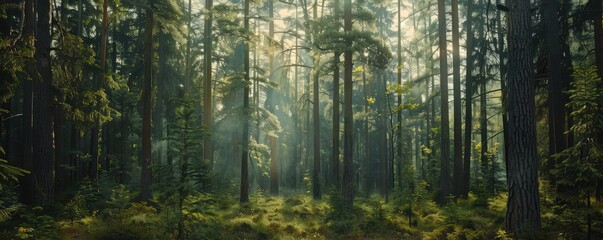 Obraz premium Beautiful forest scene bathed in sunlight with tall trees and lush green underbrush, evoking a sense of peace and wilderness.