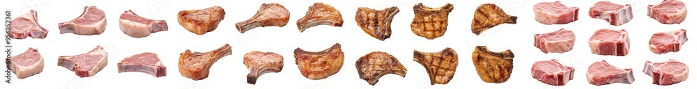 Poster A plate of raw meat on a white background with pork and beef chops on a bone, clippings from the clipping path, depth of field is full