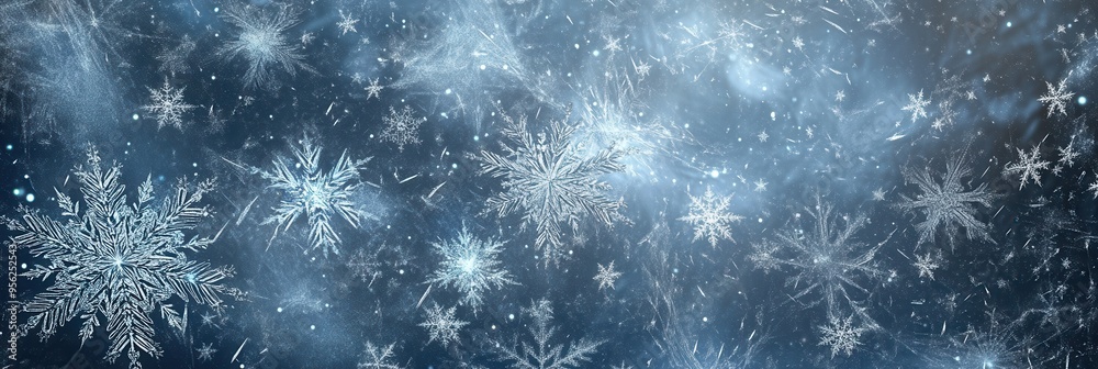Aufkleber Delicate snowflakes and soft lines create a tranquil winter atmosphere, showcasing intricate designs in a cold evening light. Generative AI