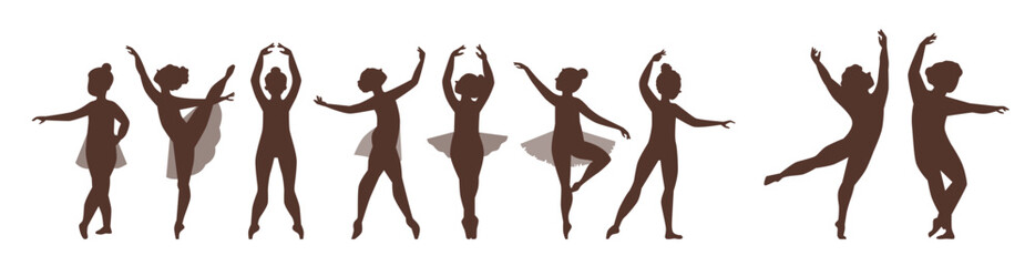 Fototapeta premium Beautiful young ballerina in tutu skirt in various poses vector silhouette set, classical ballet dance child performance