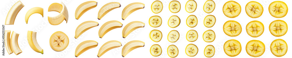 Poster Full depth of field with clipping path of banana slice isolated on white background