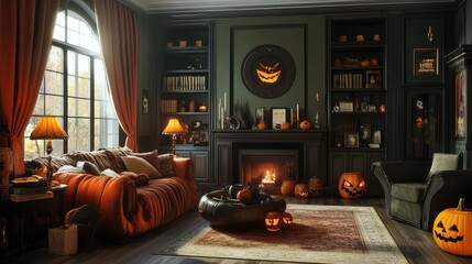 Halloween Themed Living Room Interior Design. AI generated illustration