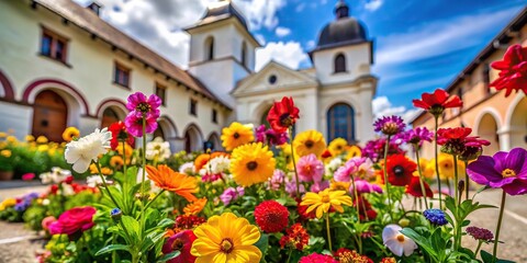 Fototapeta na wymiar colorful flowers blooming in a church courtyard low angle view