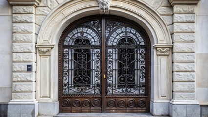 Fototapeta premium Ornate Wrought Iron Double Doors with Stone Archway