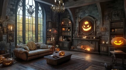 Obraz premium Halloween Themed Living Room Interior Design. AI generated illustration