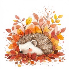 cute sleeping peacefully hedgehog curled up in vibrant autumn leaf pile, watercolor illustration. concepts: hibernation, autumn sleep, cozy autumn home decor, children's book illustration, calendar.