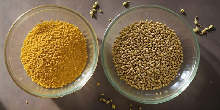 A top-down view of a variety of whole spices&mdash;coriander seeds, cumin seeds. AI generated