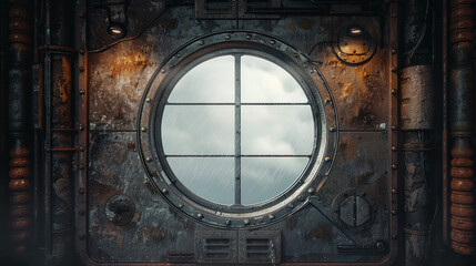 Fototapeta premium Spaceship grunge interior window isolated with cloud view