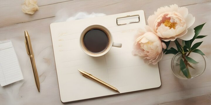 Top view of Office desk table with cup of coffee, beige peony flowers, golden pen, blank paper and clipboard. White wooden background.  High photorealistic quality - Powered by Adobe