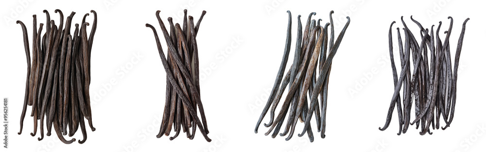 Poster a falling vanilla bean isolated on white, clipping path, and full depth of field.