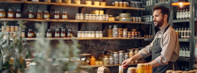 Obraz premium Man working in a gourmet store surrounded by artisanal products