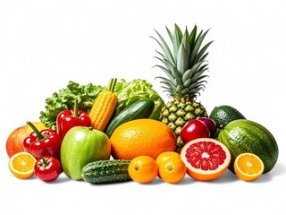 collection of fresh fruits and vegetables in a wooden basket on a white background